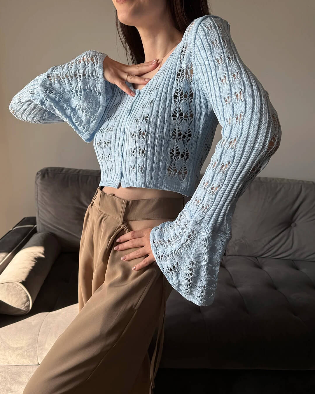 SOERA Ivana Hollow Out Knitted Cardigan - Cardigans - fR1771188465070687166 Blue M