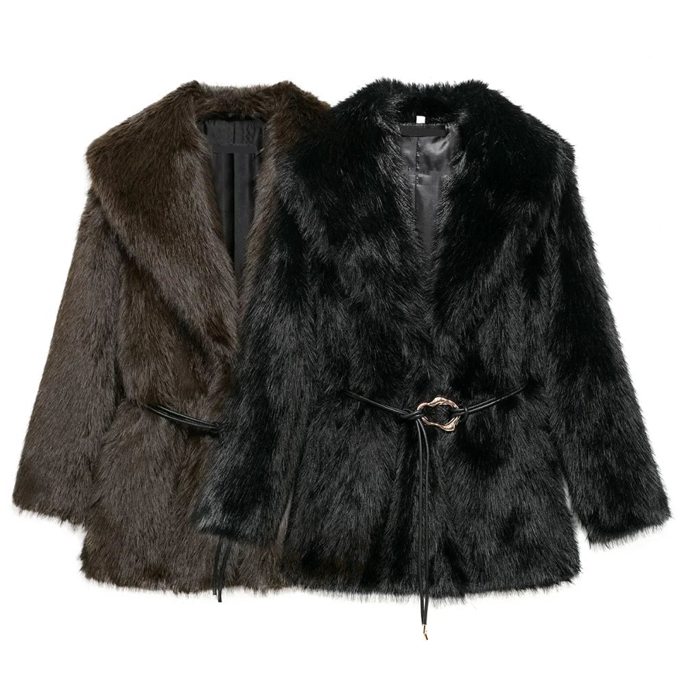 SOERA Faith Faux Fur Coat with Belt - Coats & Jackets - 3256807954805802-;EU1763625122208101504 Black L