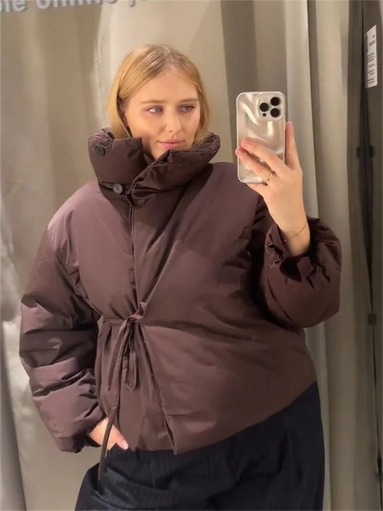 SOERA Suzy High Collar Tie-Up Puffer Jacket - Coats & Jackets - 1005010209484725-;sB1762998398931088203 Brown S