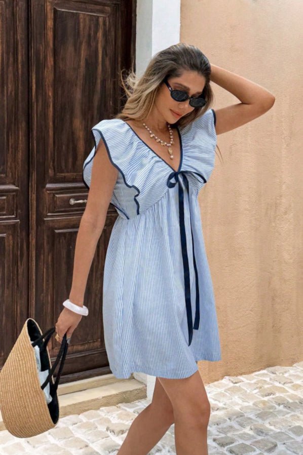 SOERA Beatrice Striped V - Neck Ruffle Mini Dress - Dress -  Blue XL