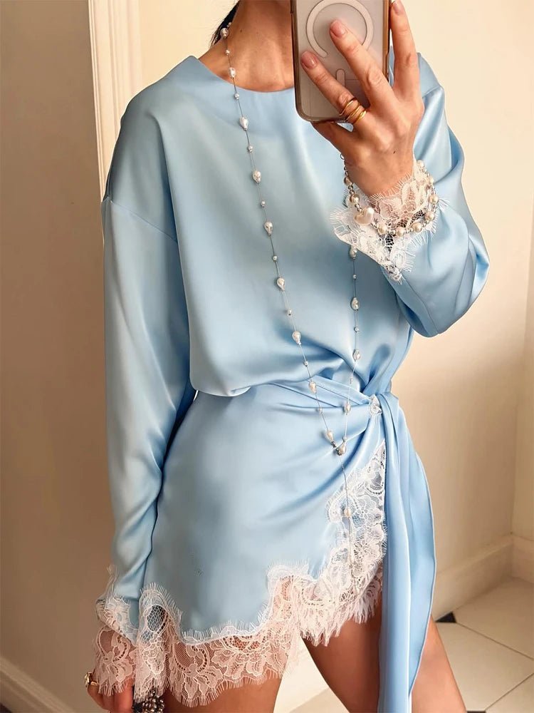 SOERA Celeste Lace Satin Tie-Detail Dress - Dress -  Blue XS