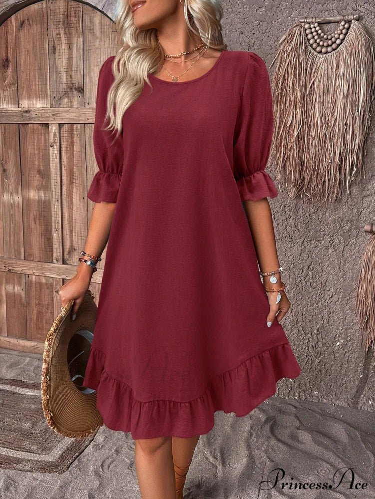 SOERA Celeste Ruffle Hem Smock Dress - Dress -  Burgundy S