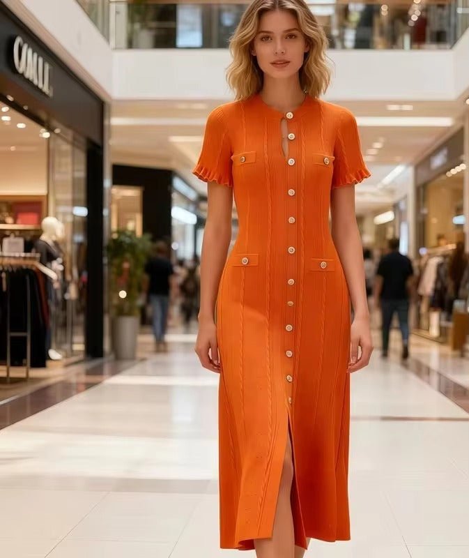 SOERA Erlinda Button - Front Knit Midi Dress - Dress -  Orange XS