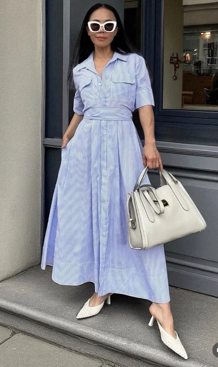 SOERA Katniss Striped Lace - Up Collar Maxi Dress - Dress -  Blue XS
