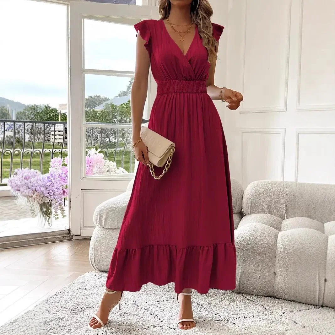 SOERA Livia Black V - Neck Ruffle Swing Dress - Dress -  Wine Red S