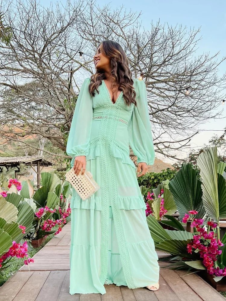 SOERA Molly Deep V - Neck Ruffle Maxi Dress - Dress -  Light Green S