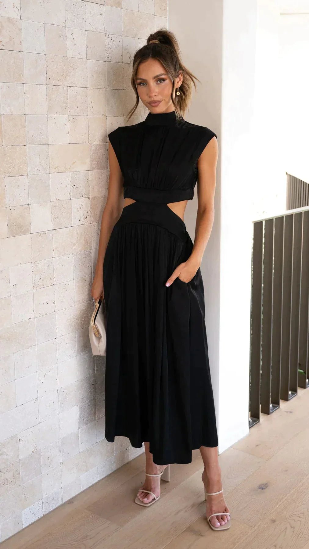 SOERA Valentina High - Neck Midi Dress with Waist Cutouts - Dress -  Black XS