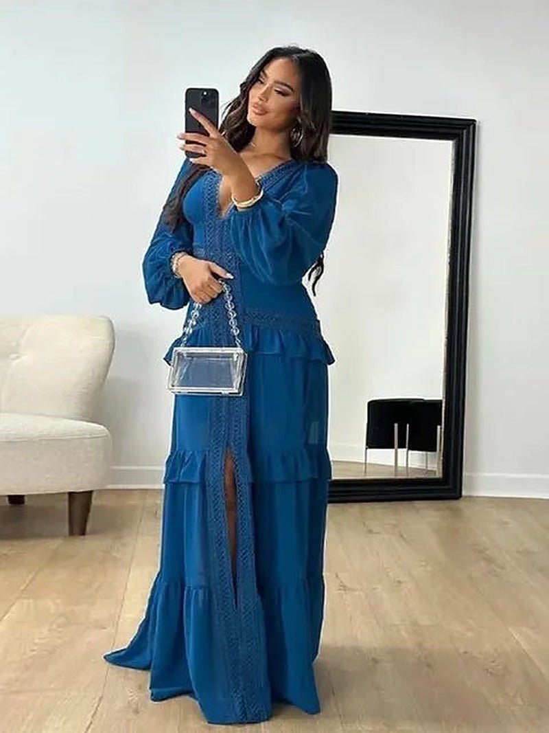 SOERA Beatrice Deep V-Neck Ruffle Maxi Dress - Dresses - SOERA-324291-NAV-S-33347 Navy Blue S