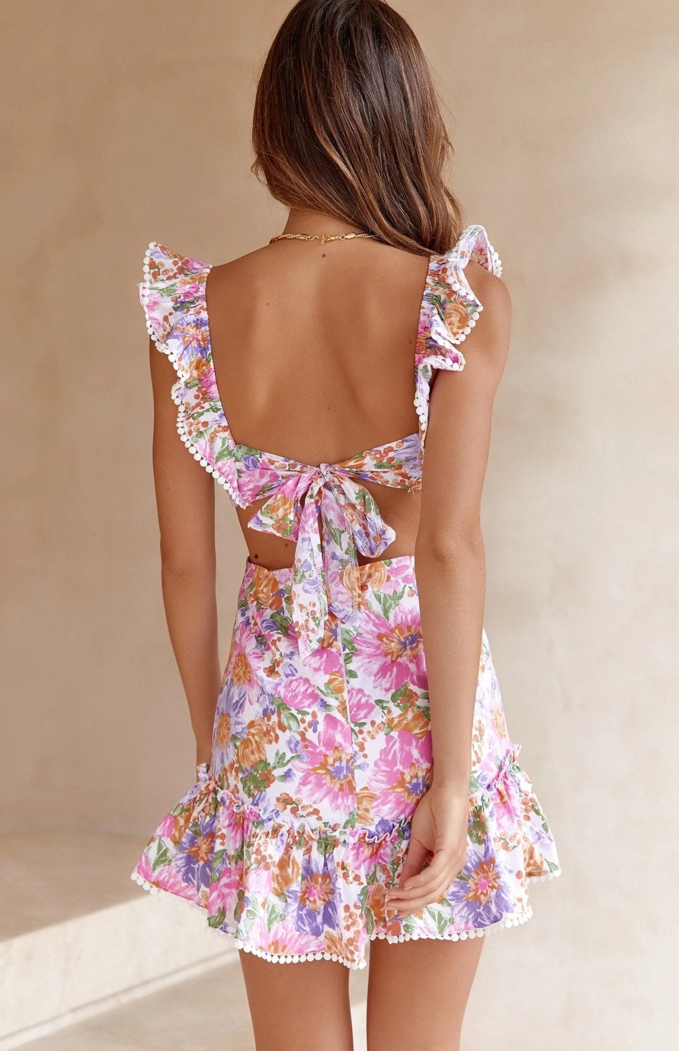 SOERA Carmina Floral Back Tie Mini Dress - Dresses - JE1776146984835070581 Pink S