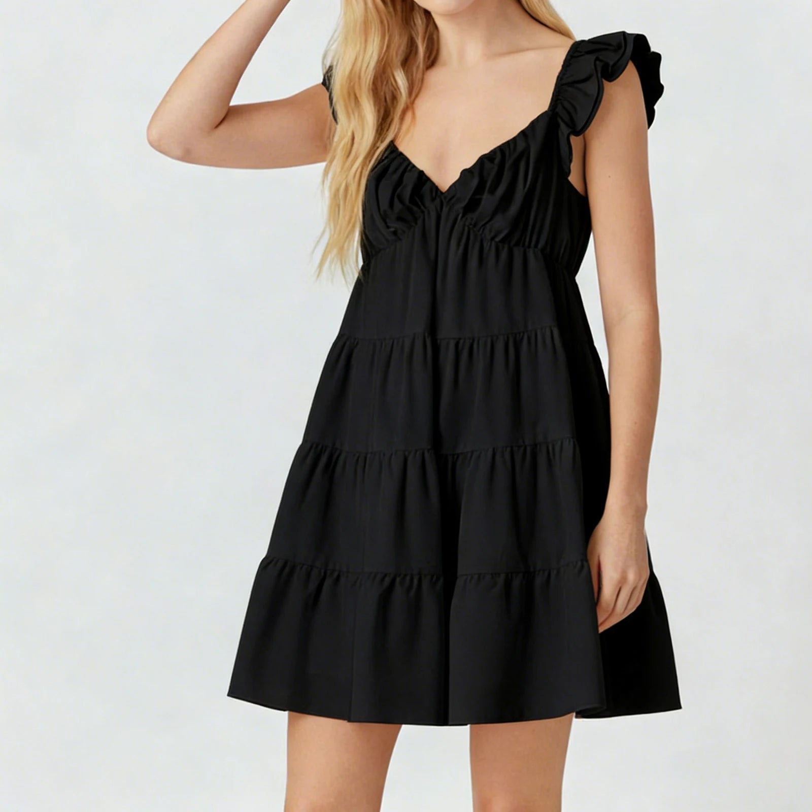 SOERA Eulalia Flutter Sleeve Tiered Mini Dress - Dresses -  Black S