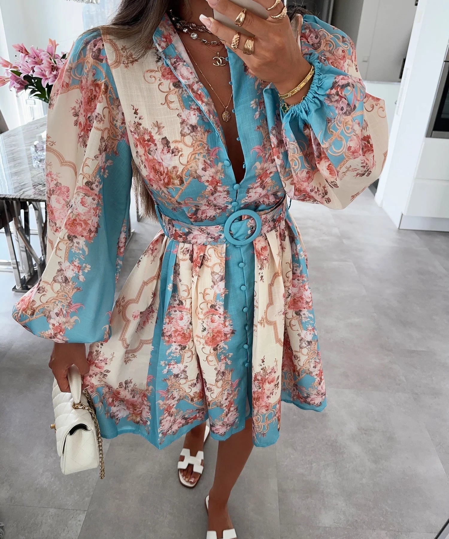 SOERA Petunia Belted Floral Midi Dress - Dresses -  Blue S