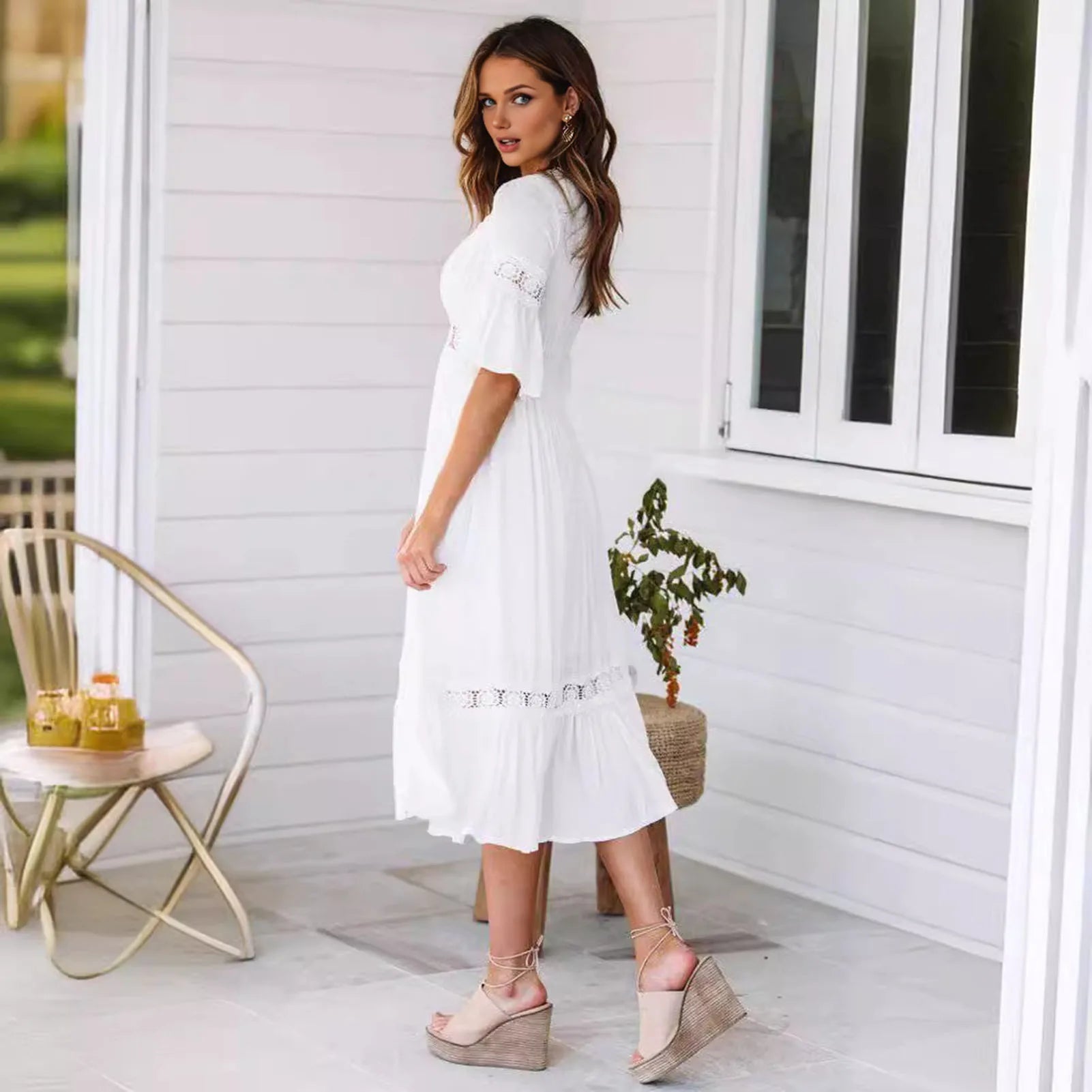 SOERA Winona Lace V - Neck Midi Dress - Dresses - 1005008576606072-;OC1776146840072416004 White L