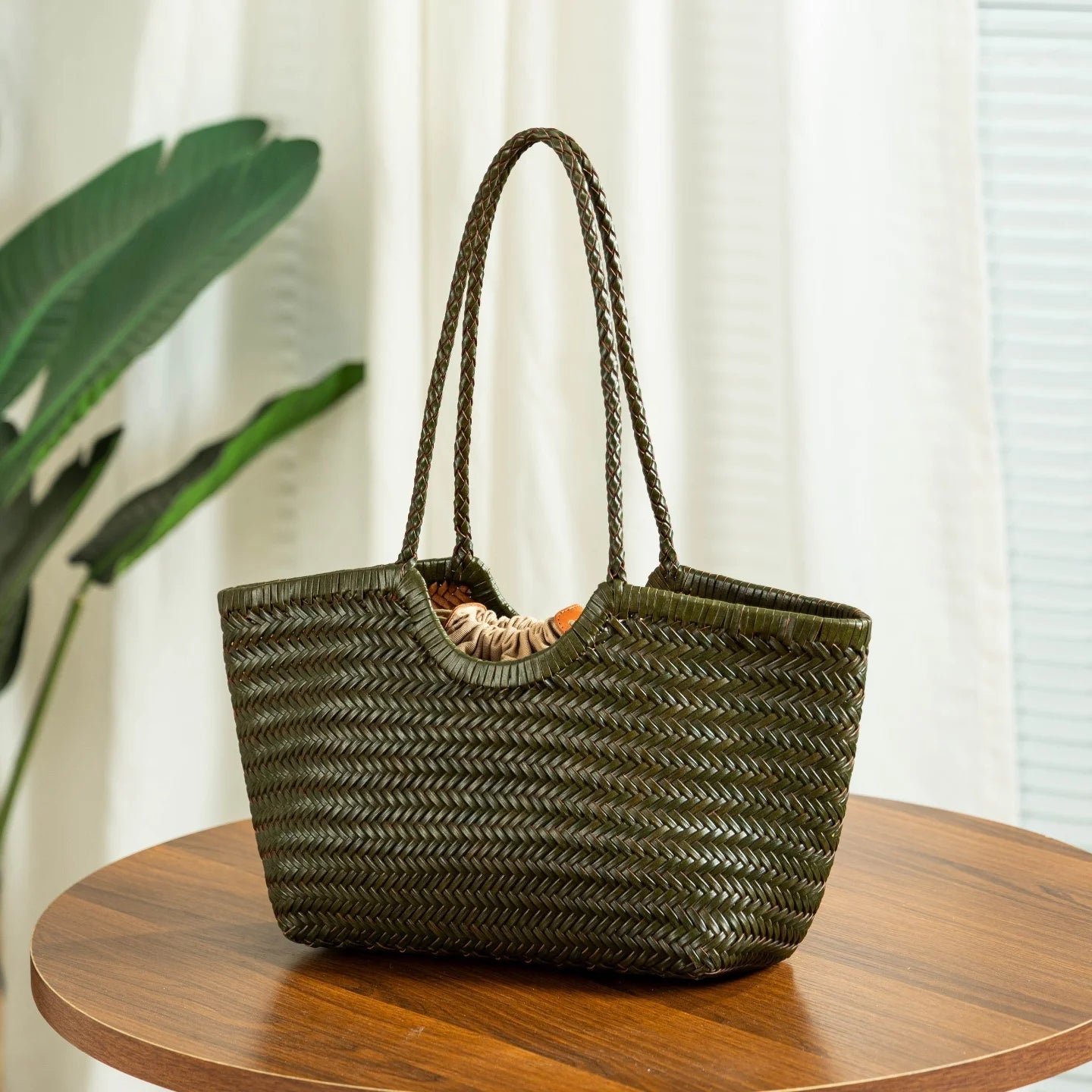 SOERA Bianca Handwoven Leather Tote Bag - Handbags -  Green Large