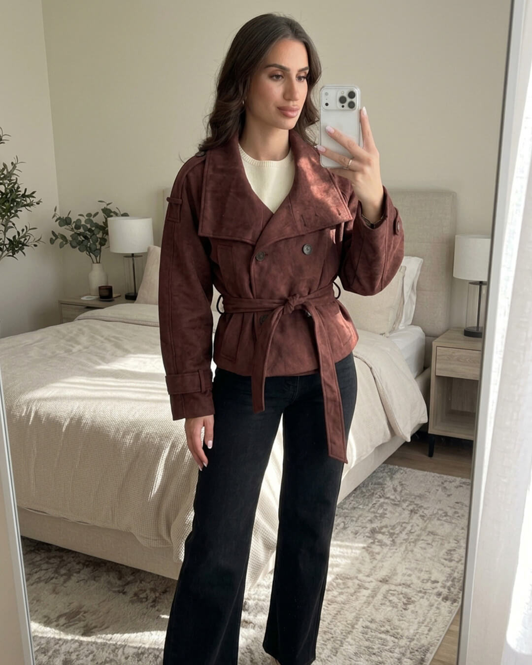 SOERA Audrey Funnel Neck Faux Suede Belted Jacket - Jacket - SOERA-107651-BUR-L-43971 Burgundy L