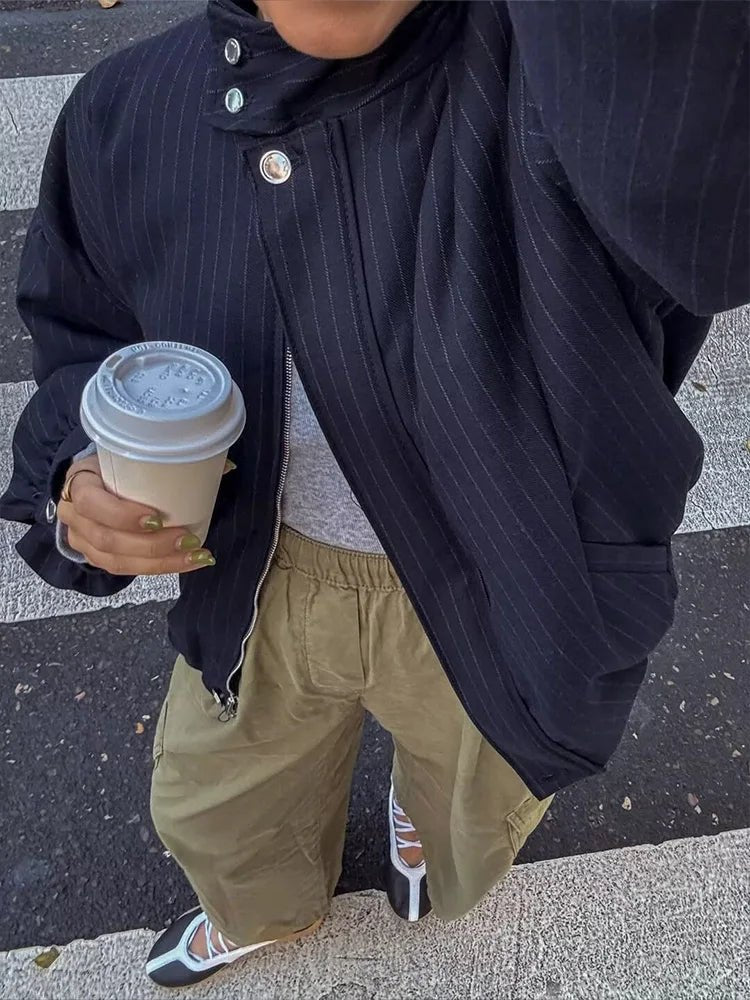 SOERA Magnolia Pinstripe Bomber Jacket - Jacket -  Dark Blue Stripe S