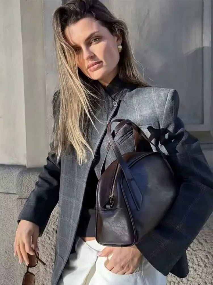 SOERA Aurelia Stand Collar Plaid Blazer - Jackets - 1005011574941904-;Pe1775244633615506813 Gray S