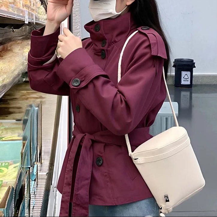 SOERA Kara Stand Collar Belted Crop Trenchcoat - Jackets - 1005009693239722-;dD1771494648611088341 Burgundy XS