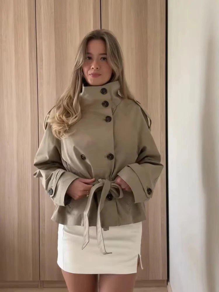 SOERA Kara Stand Collar Belted Crop Trenchcoat - Jackets - 1005009693239722-;SM1771494648620968832 Tan XS