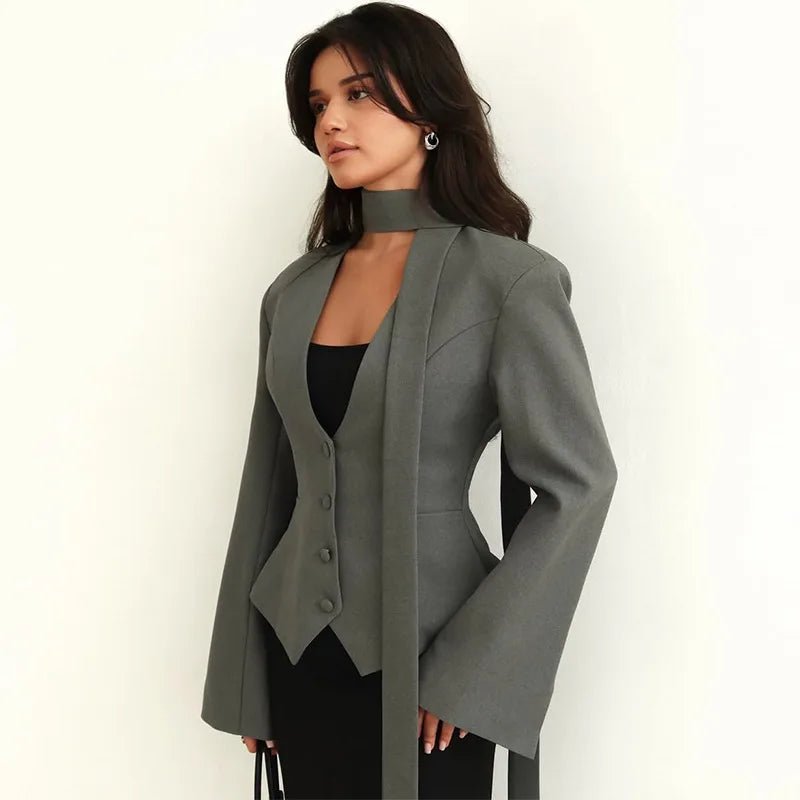 SOERA Scarlett Scarf Blazer Coat - Jackets - 1005010322628529-;oc1774012026628244912 Gray S