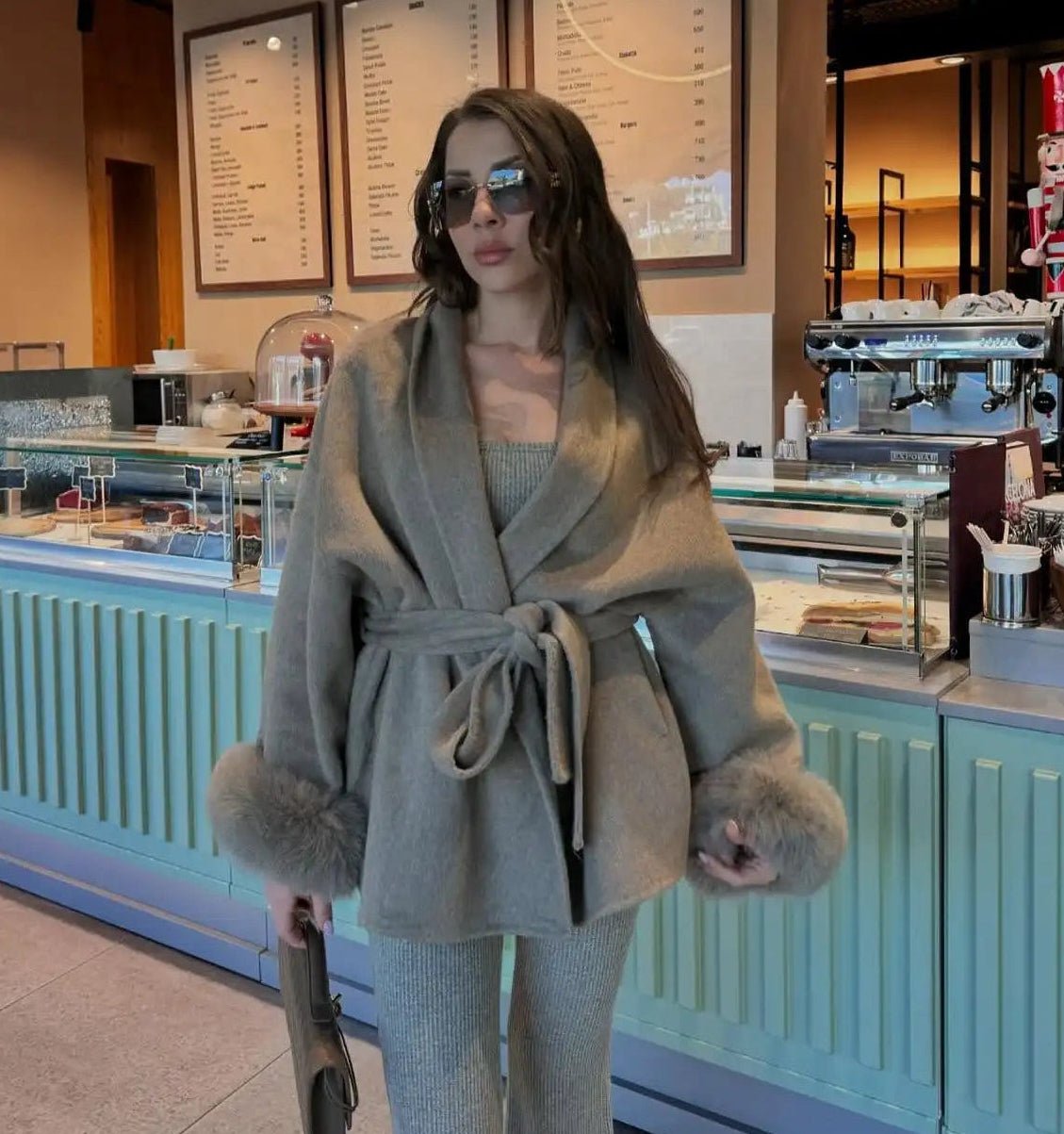 SOERA Wool Wrap Coat with Fox Fur Cuff - Jackets - 3256809512722732-;Dp1766845283308655197 Short Taupe S