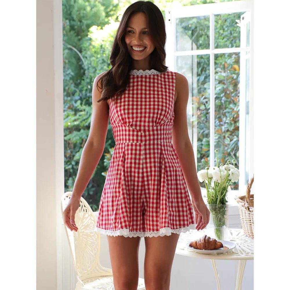 SOERA Angelina Plaid Sleeveless Wide Leg Romper - Jumpsuit -  Red S