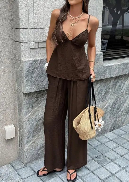 SOERA Odette Deep V - Neck Cami Wide Leg Pants Set - Jumpsuit -  Brown S