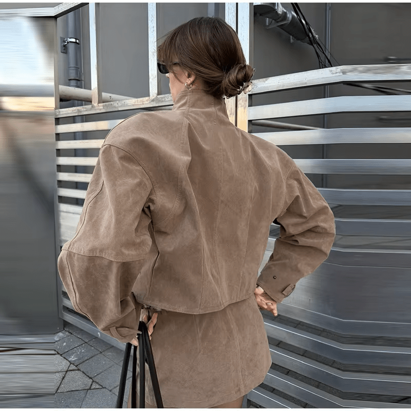SOERA Lara Suede Cropped Coat & Mini Skirt Set - Matching Set - SOERA-200323-KHA-L-86595 Cropped Coat & Mini Skirt Set Beige