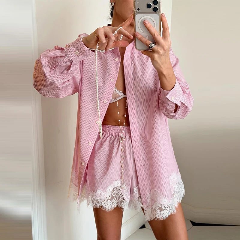 SOERA Celeste Lace Patchwork Beach Shirt Set - Matching Sets -  Blue S