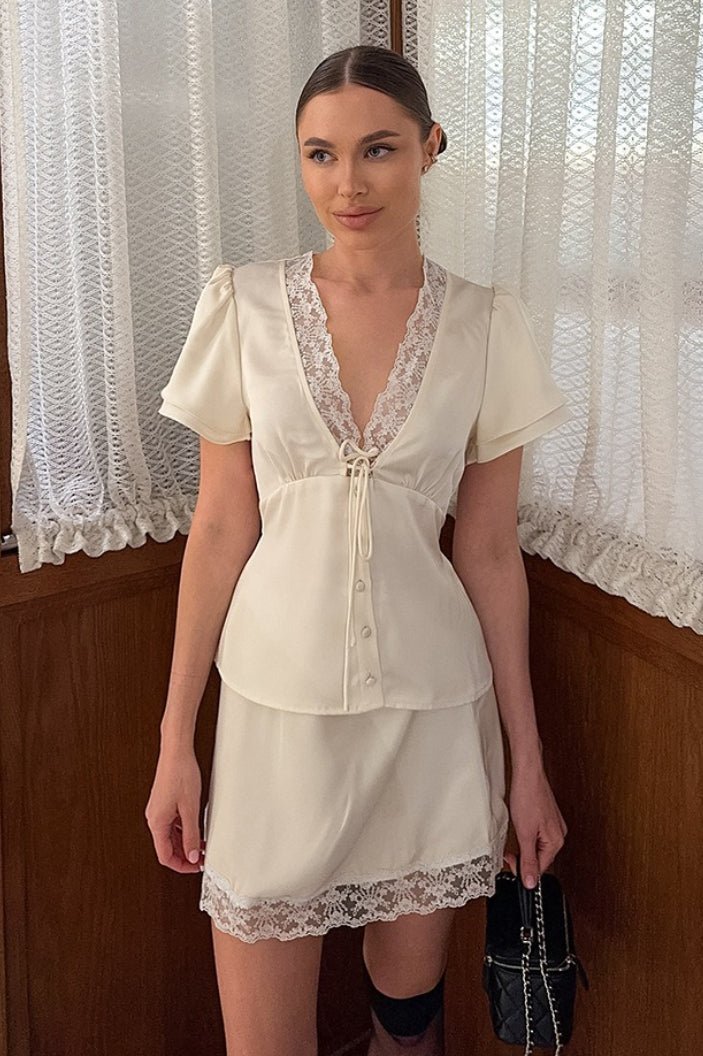 SOERA Celeste Satin Lace V - Neck Tie - Waist Skirt Set - Matching Sets -  Beige L