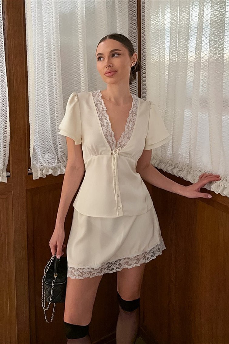 SOERA Celeste Satin Lace V - Neck Tie - Waist Skirt Set - Matching Sets -  Beige M