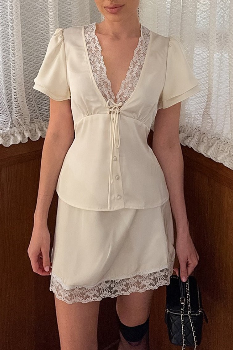 SOERA Celeste Satin Lace V - Neck Tie - Waist Skirt Set - Matching Sets -  Beige S
