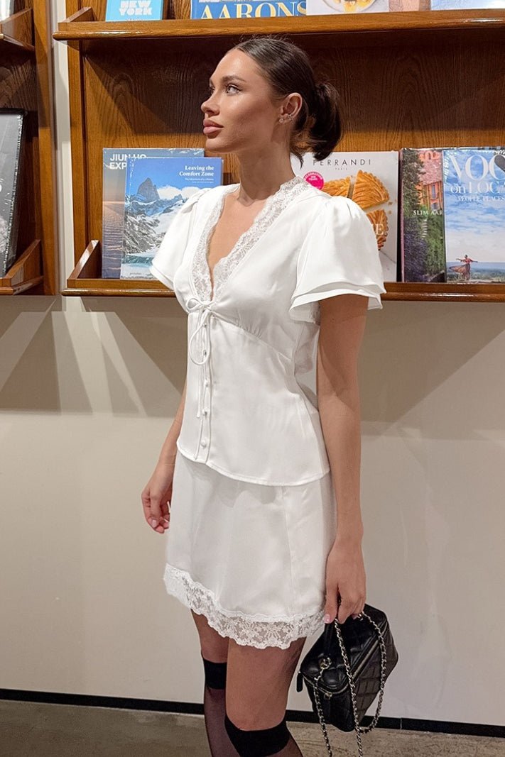 SOERA Celeste Satin Lace V - Neck Tie - Waist Skirt Set - Matching Sets -  White L