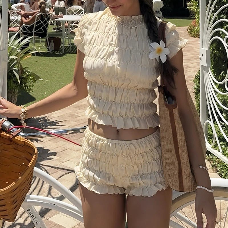 SOERA Elena Elastic Smocked Short Set - Matching Sets - 1005009535638263-;Yo1774869404007052650 Beige S