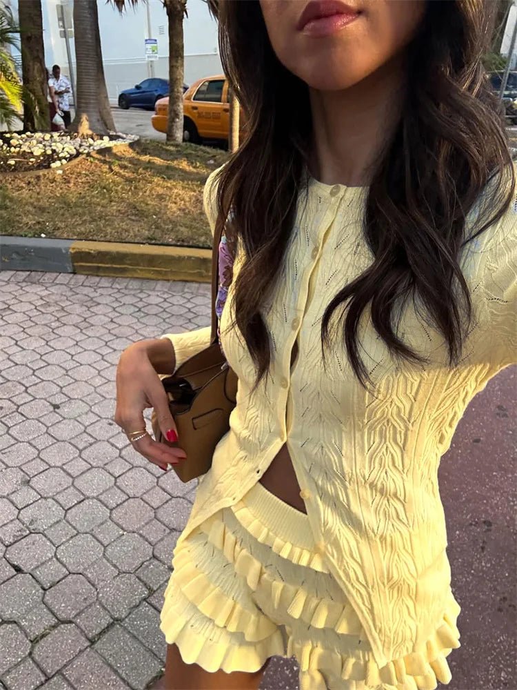 SOERA Iris Ruffled Knit Shorts Set - Matching Sets -  Yellow M
