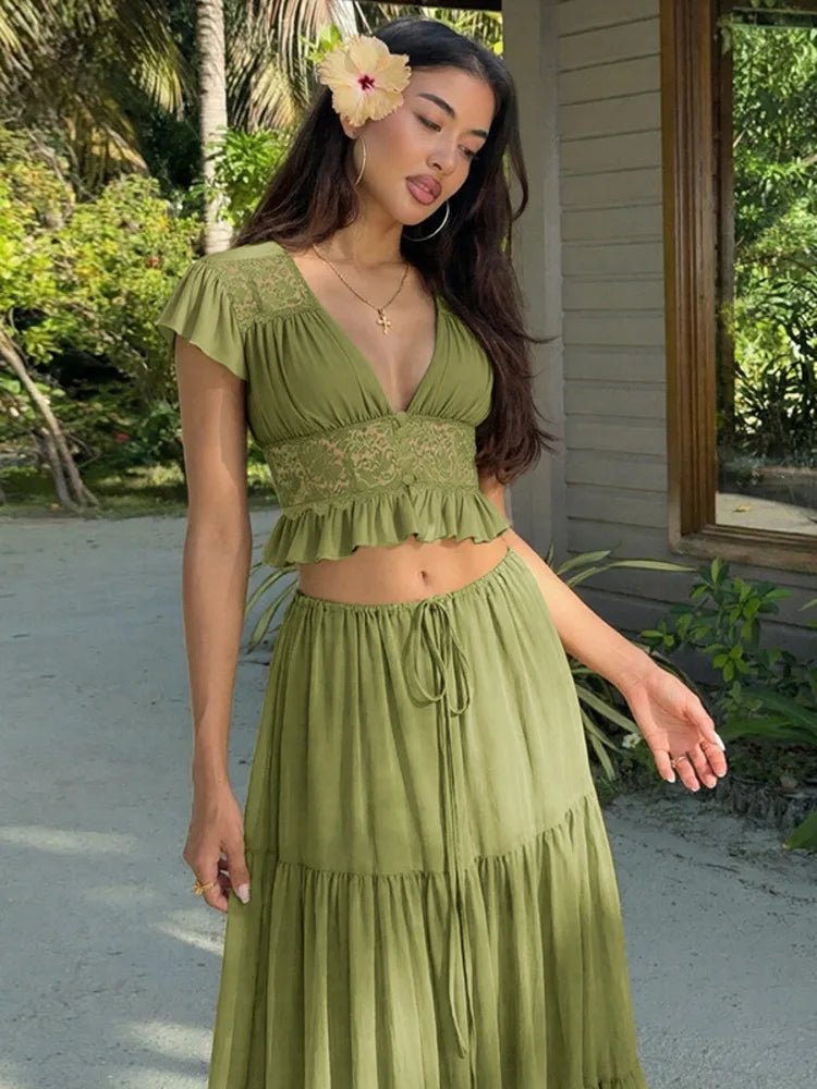 SOERA Morrigan Lace Chiffon Top & Skirt Set - Matching Sets -  Green XS