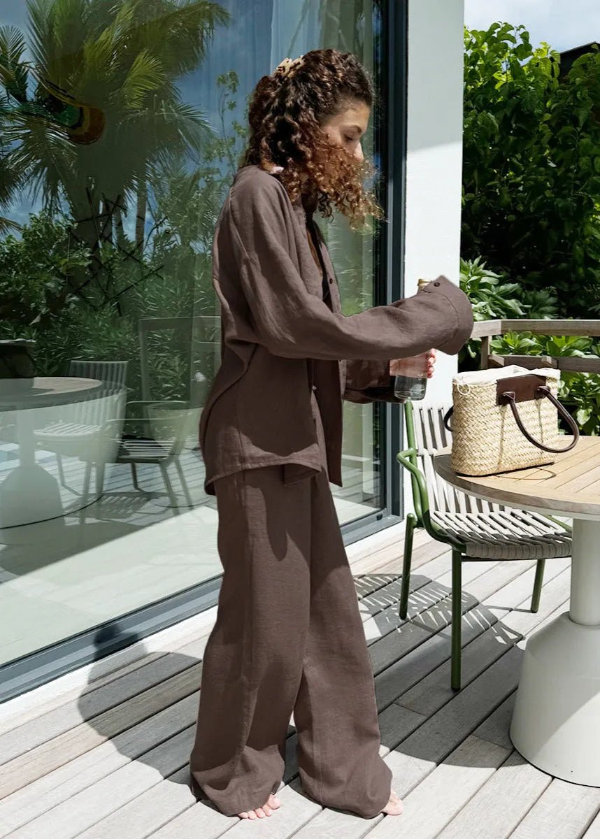 SOERA Sophia Cotton Shirt & Lounge Pants Set - Matching Sets -  Brown M