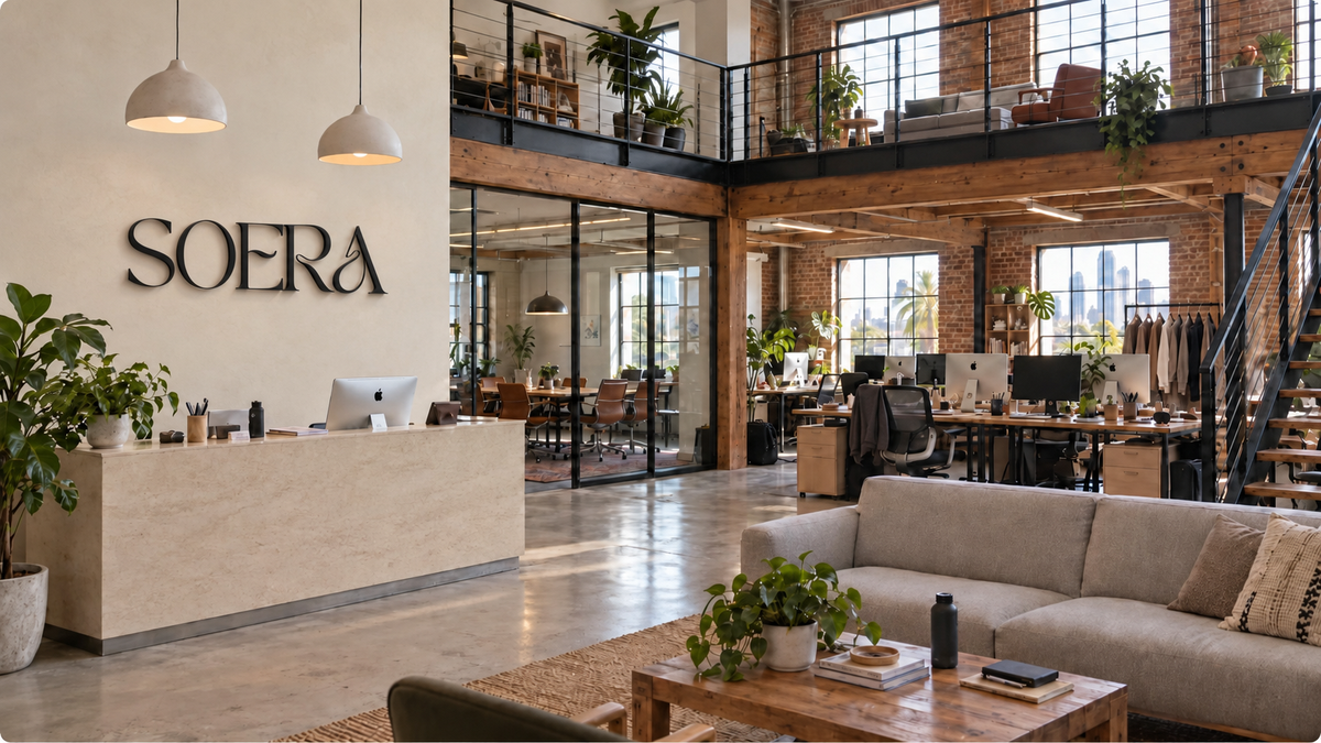 AI-generated SOERA office concept with the official wordmark as dimensional black metal reception-wall signage