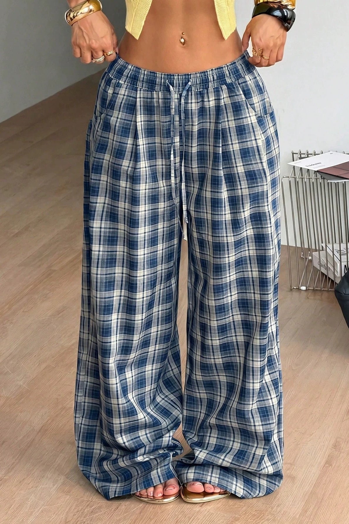 SOERA Lola Drawstring Wide Leg Plaid Pant - Pants - SOERA-447299-BLU-S-49443 Blue S