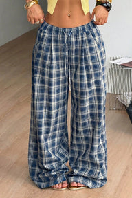 Lola karierte Hose mit weitem Bein und Kordelzug