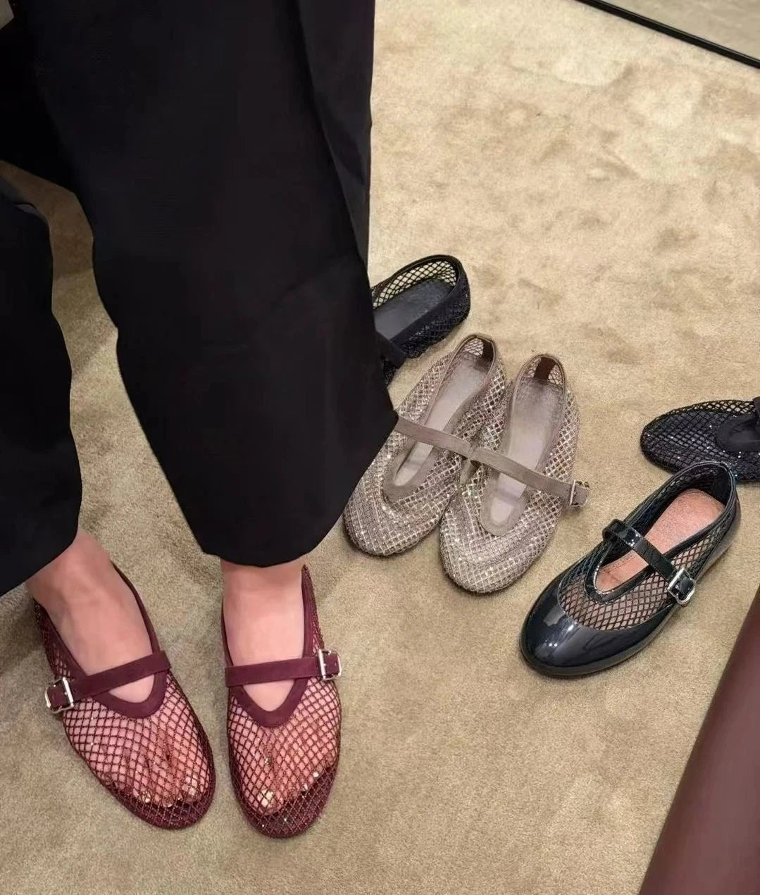 SOERA Jessica Rhinestone Mesh Ballet Flats - Shoes -  Burgundy 36