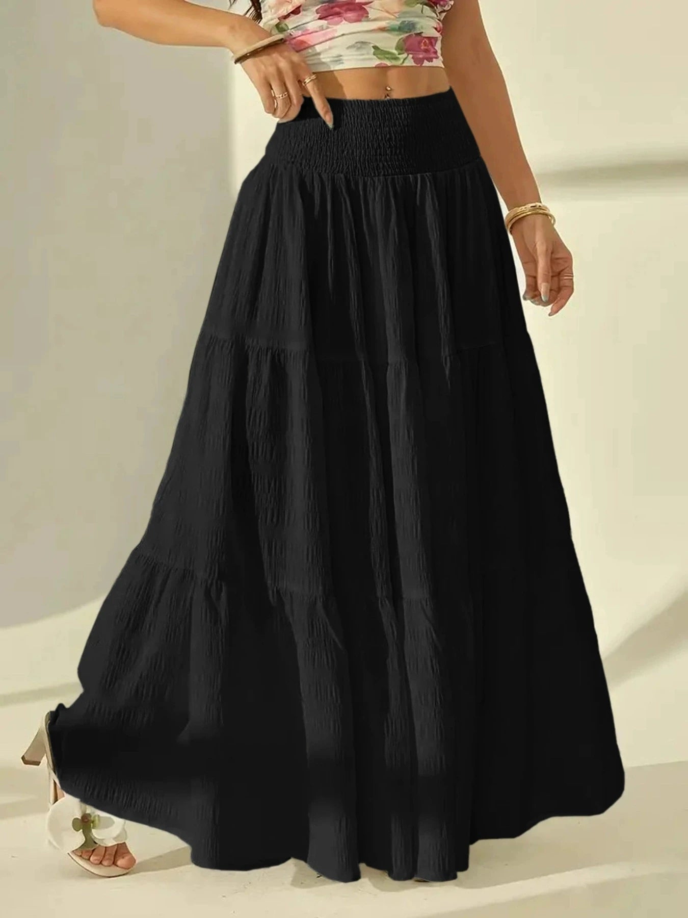 SOERA Calla Tiered Maxi Skirt Elastic Waist - Skirt -  Black S