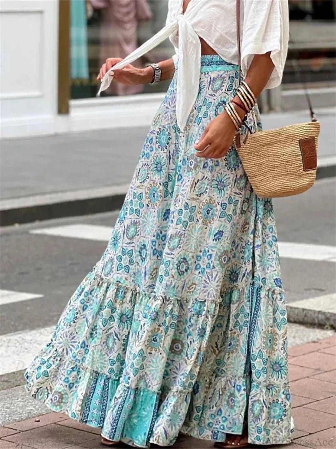 SOERA Celeste Flowy Boho Print Ruffled Hem Skirt - Skirt -  Sky Blue M