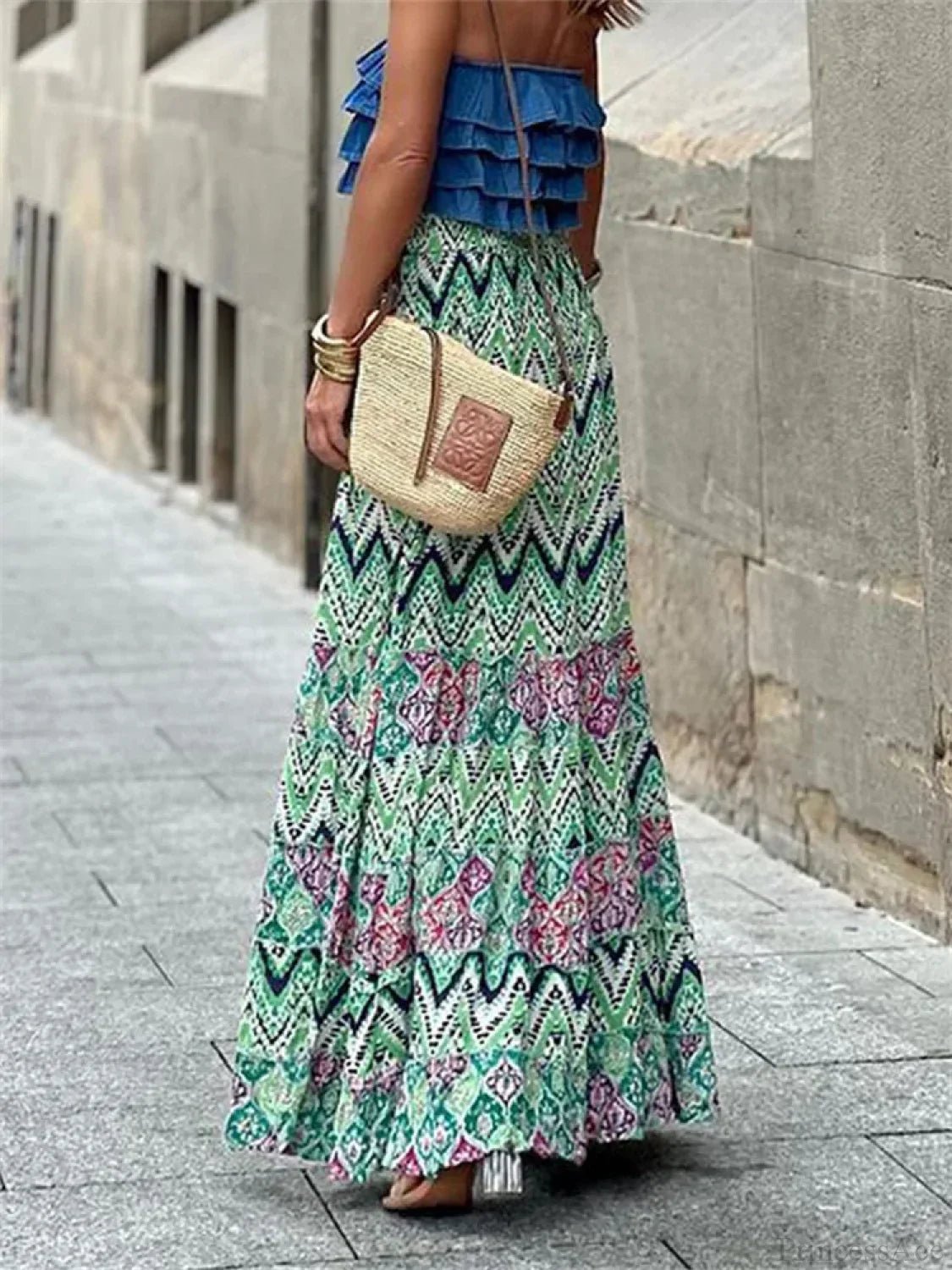 SOERA Celeste Flowy Boho Print Ruffled Hem Skirt - Skirts -  Sky Blue S