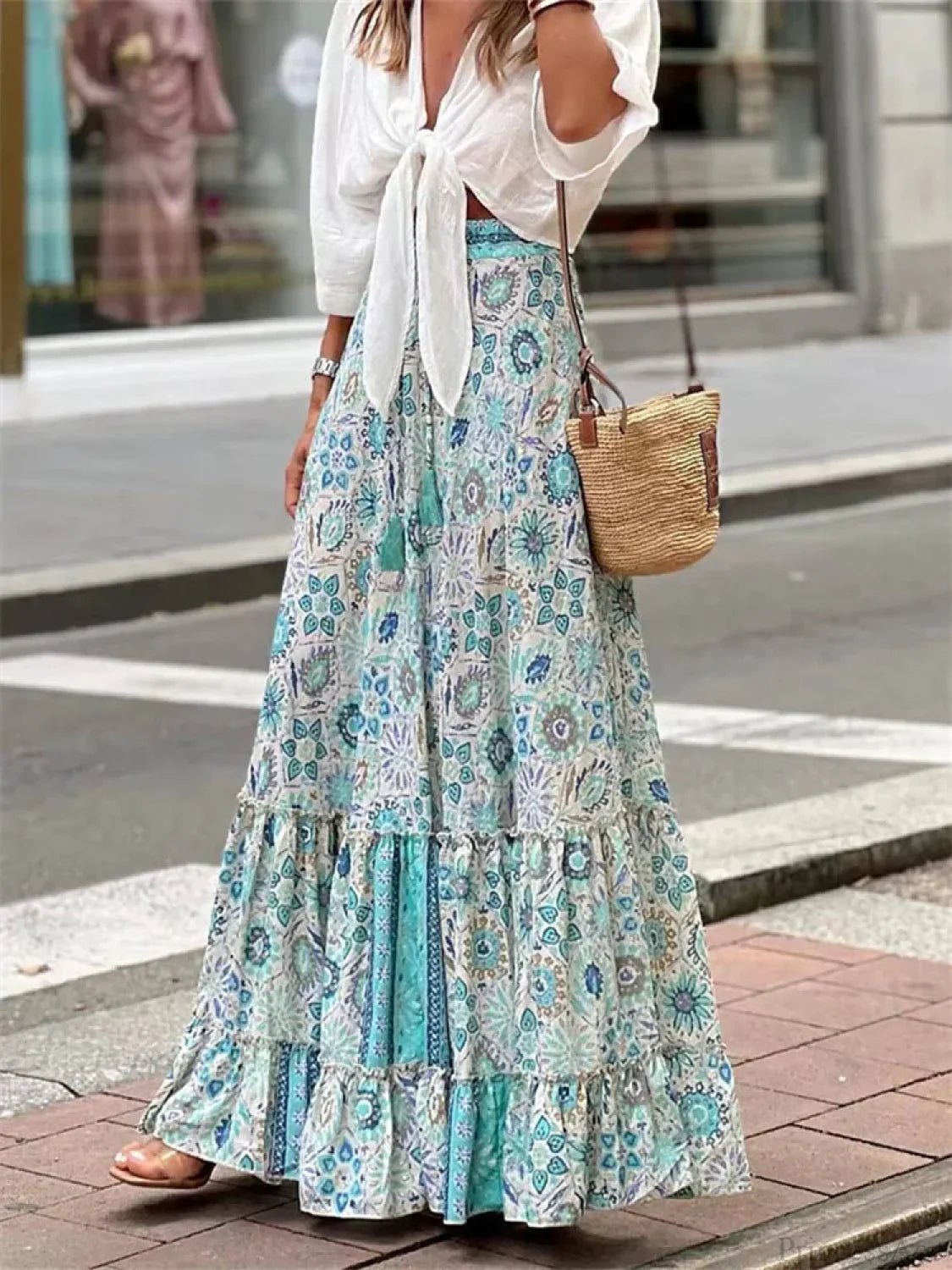 SOERA Celeste Flowy Boho Print Ruffled Hem Skirt - Skirts -  Sky Blue S