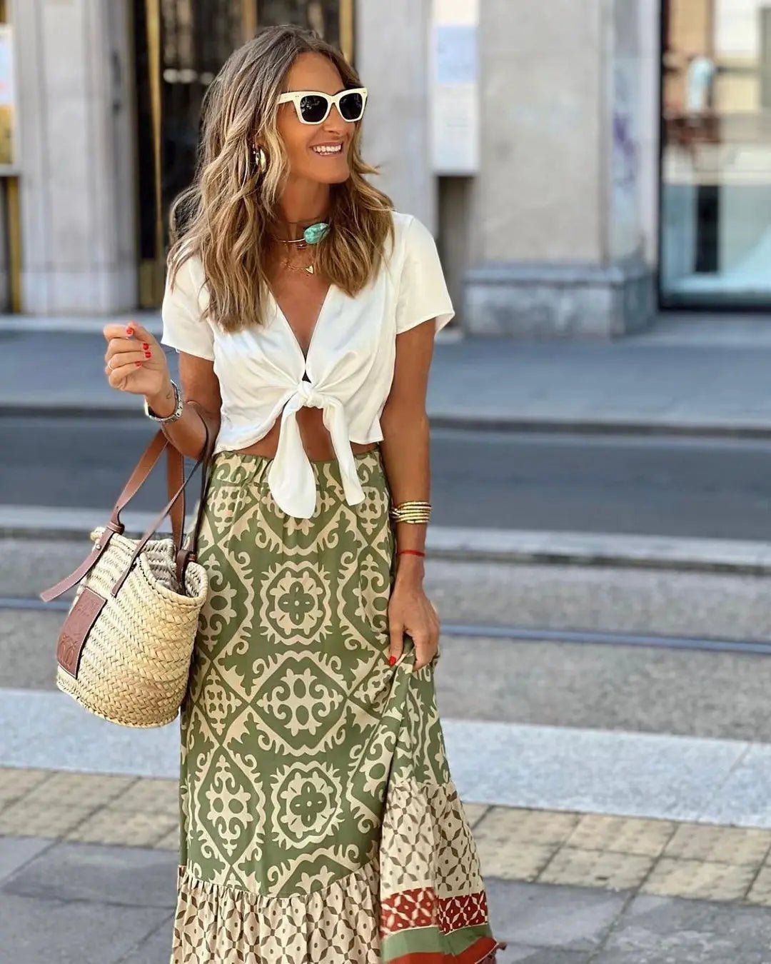 SOERA Zara Boho Printed Midi Swing Skirt - Skirts -  Olive S