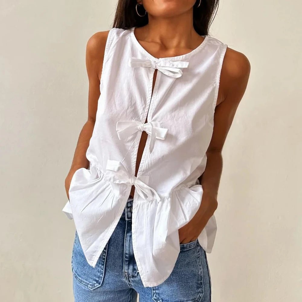 SOERA Bianca Bow - Tie Peplum Tank Top - Top -  White M
