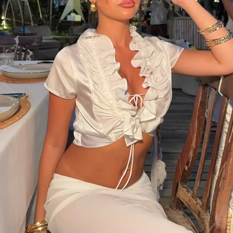 SOERA Bianca Ruffled Lace-Up Cropped Tank - Top -  White S
