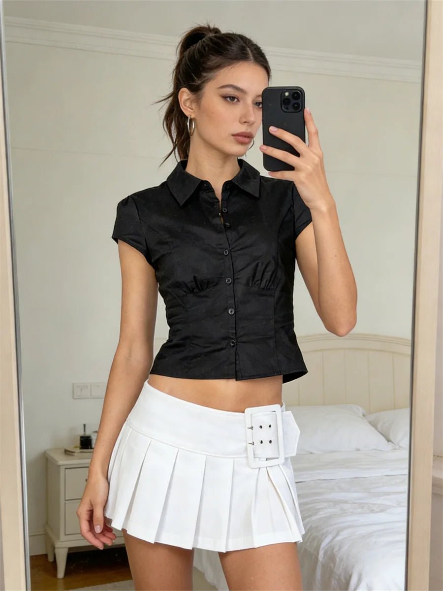SOERA Ariana Cropped Button - Down Blouse - Tops -  Black M