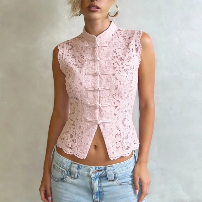 SOERA Beatrix Sheer Lace Mandarin Collar Blouse - Tops -  Pink S