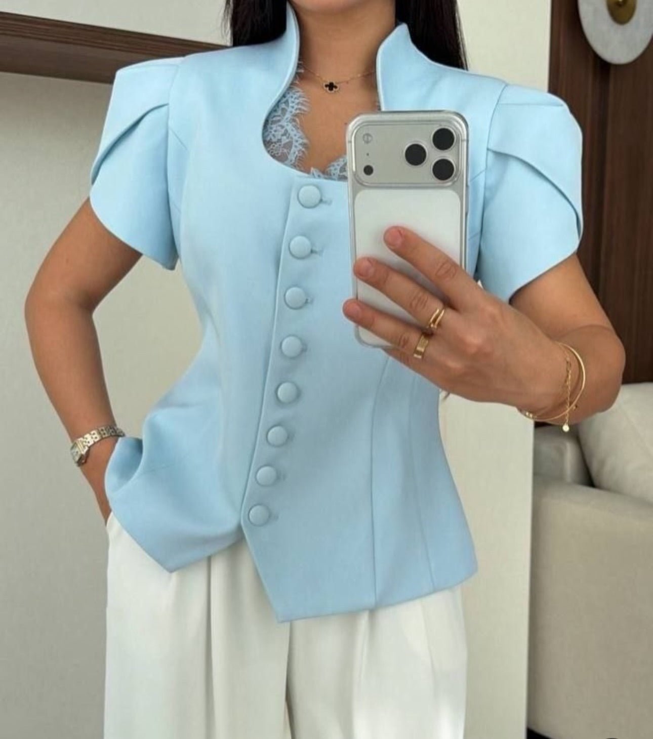 SOERA Bianca Button Front Stand Collar Top - Tops -  Blue M